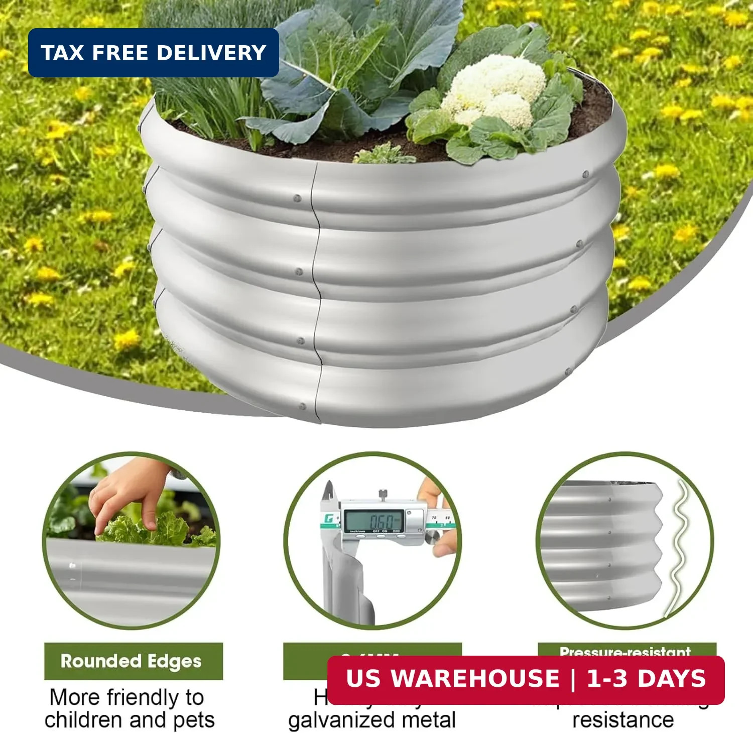 2x2x1ft Round Galvanized Raised Garden Bed Outdoor Metal Planter Box Raised Beds