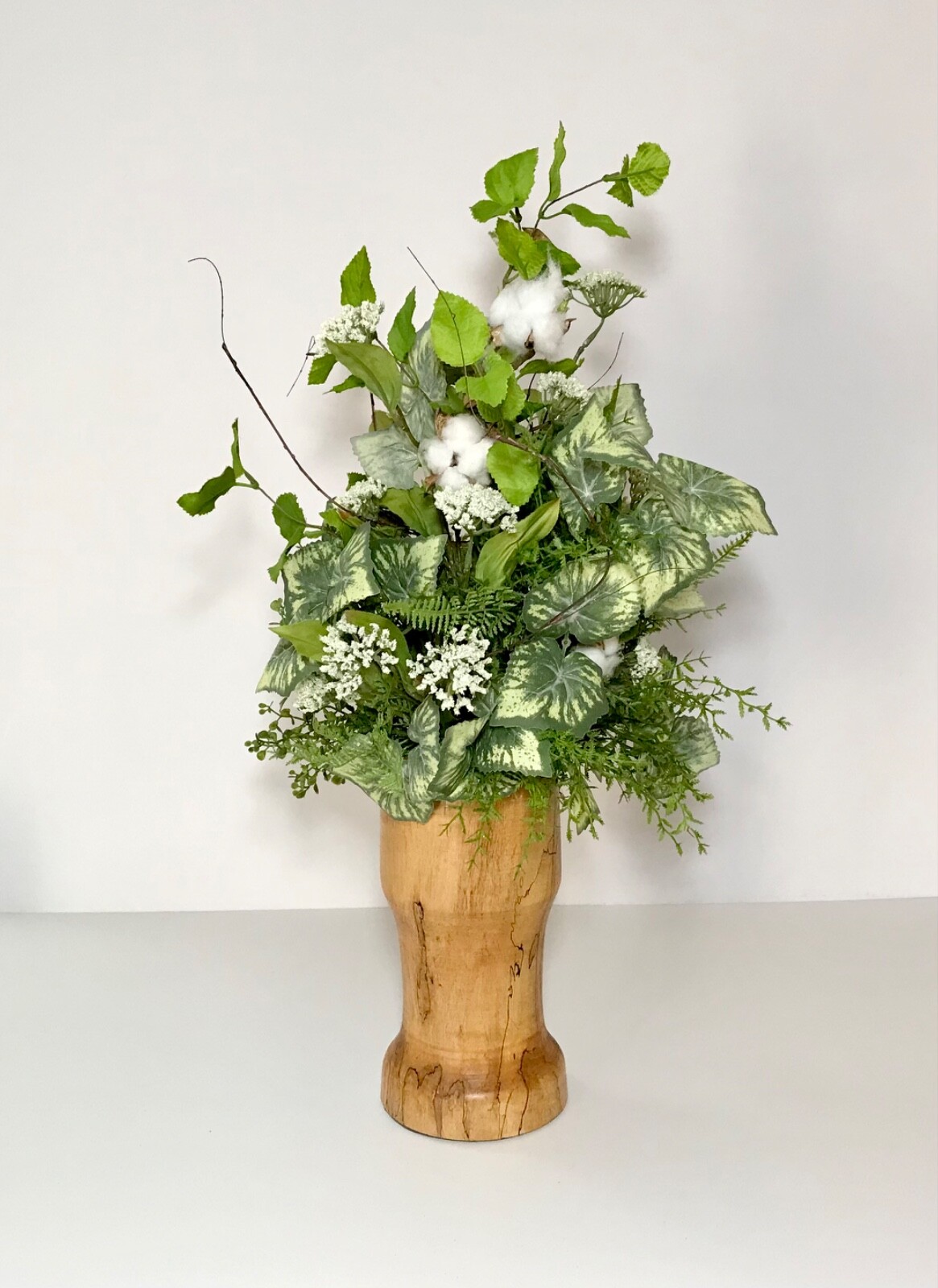 EVERYDAY YEAR ROUND FLORAL COTTON STEMS ARRANGEMENT WOOD COLUMN CENTERPIECE NEW