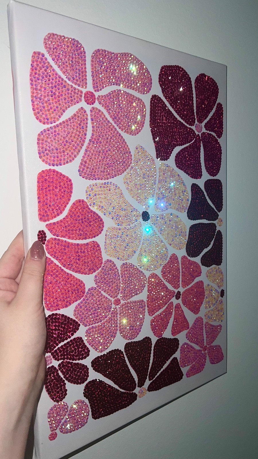 Handmade Bling Flower Wall Art Pink Rhinestone Canvas Luxury Decor 12×18”
