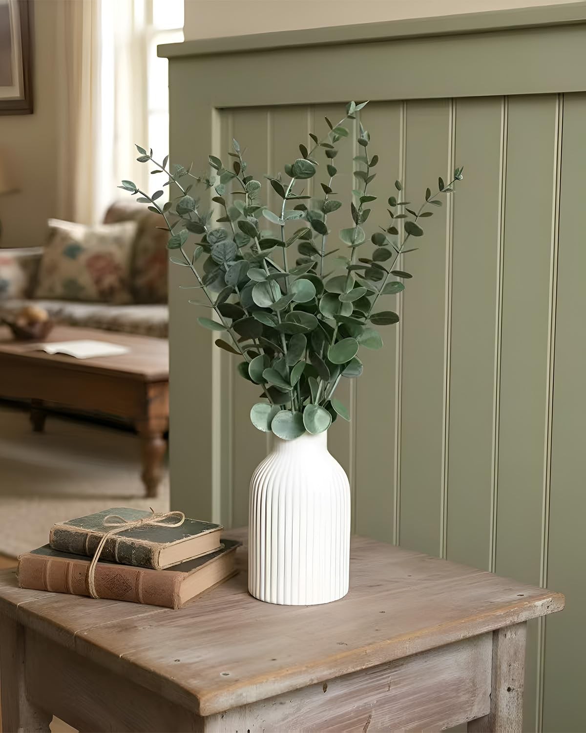 Faux Eucalyptus Stems in Ceramic Vase for Bathroom Counter Decor Artificial E…