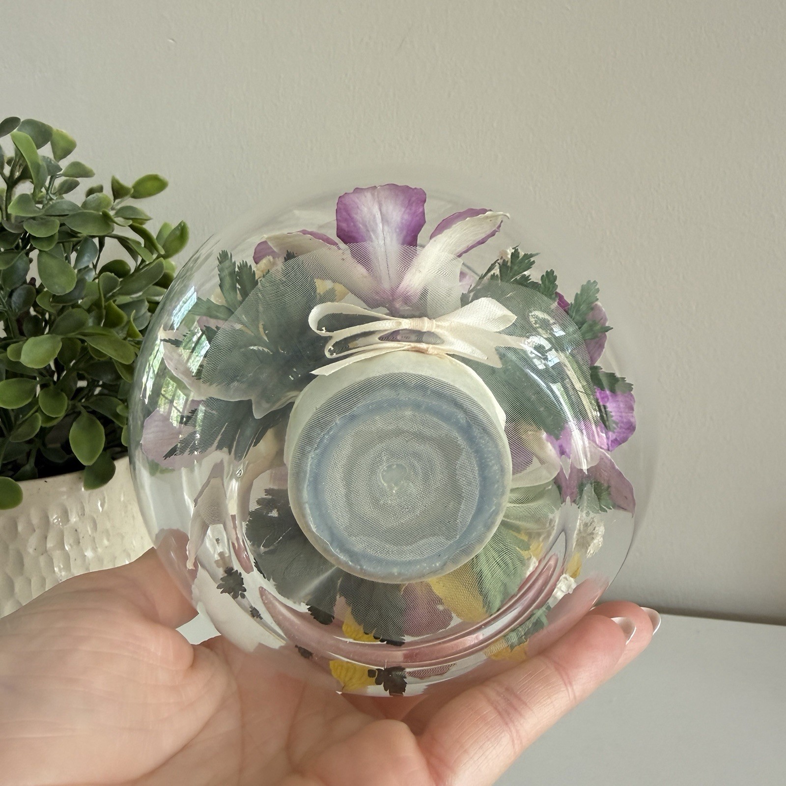 Real Preserved Flowers in Sealed Glass Bowl Floral Home Decor Purple Orchid