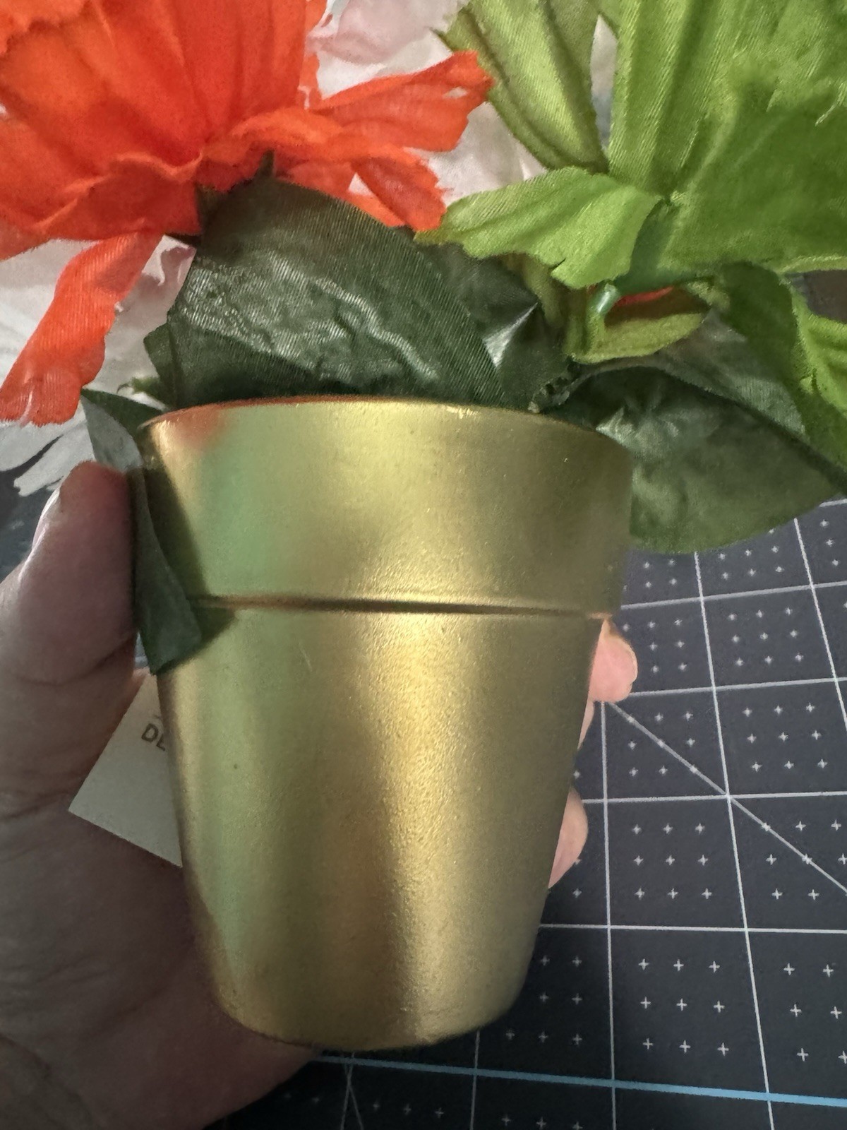 Set Of 2 St.Patricks Faux Plants Gold Pots With Orange White And Green Flowers