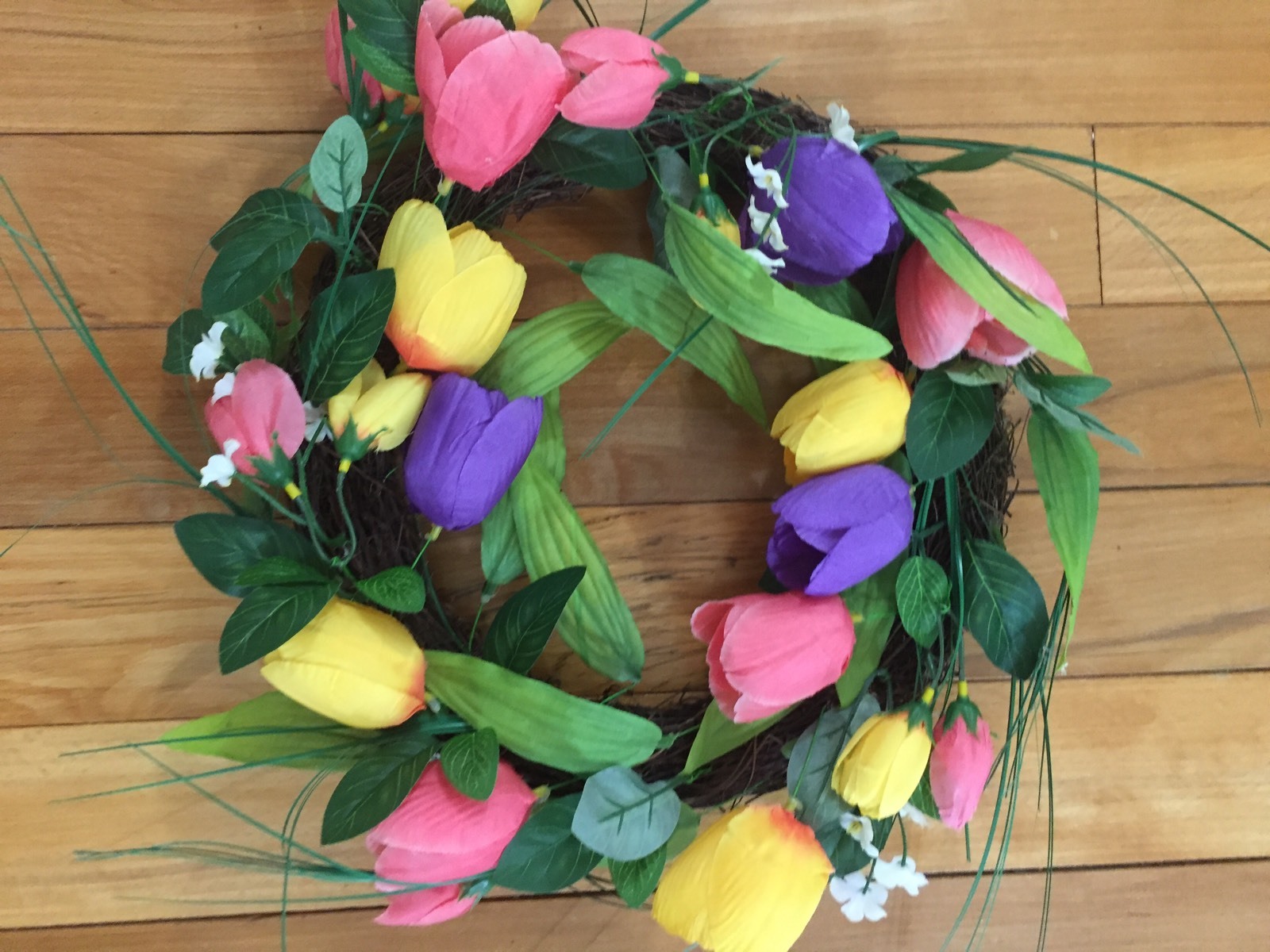 Beautiful Bright Floral Pink Purple Yellow Tulip Spring Door Wreath Door Decor