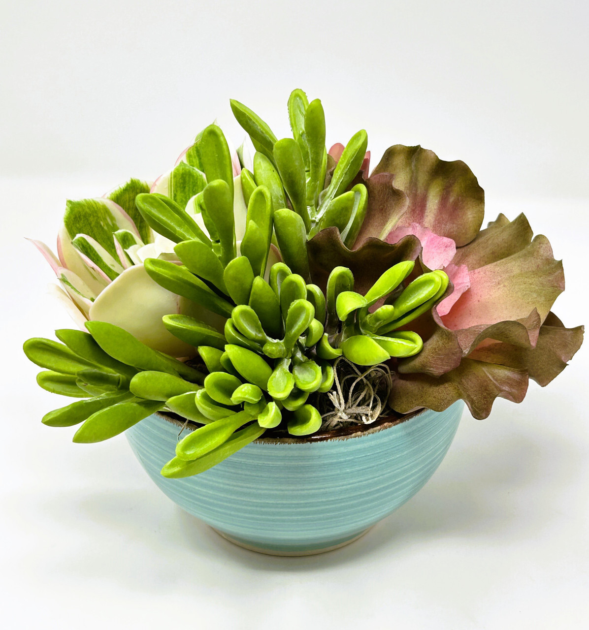 7″ Artificial MAUVE PINK mixed Succulent Garden #16, Blue Ceramic Bowl Planter