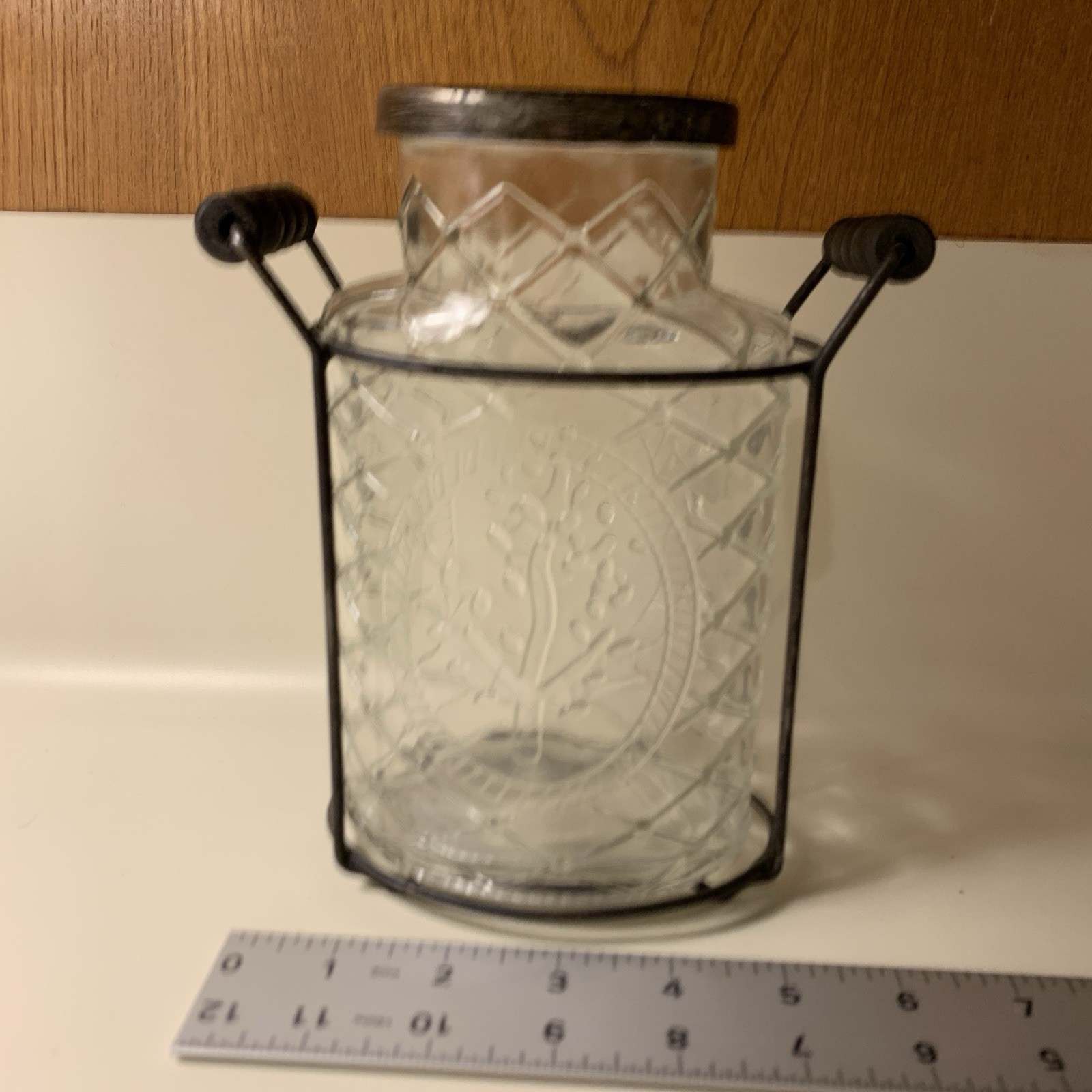 Vtg Tree Embossed Flower Arranging FROG Vase Glass Jar Metal Lid Wood Accent