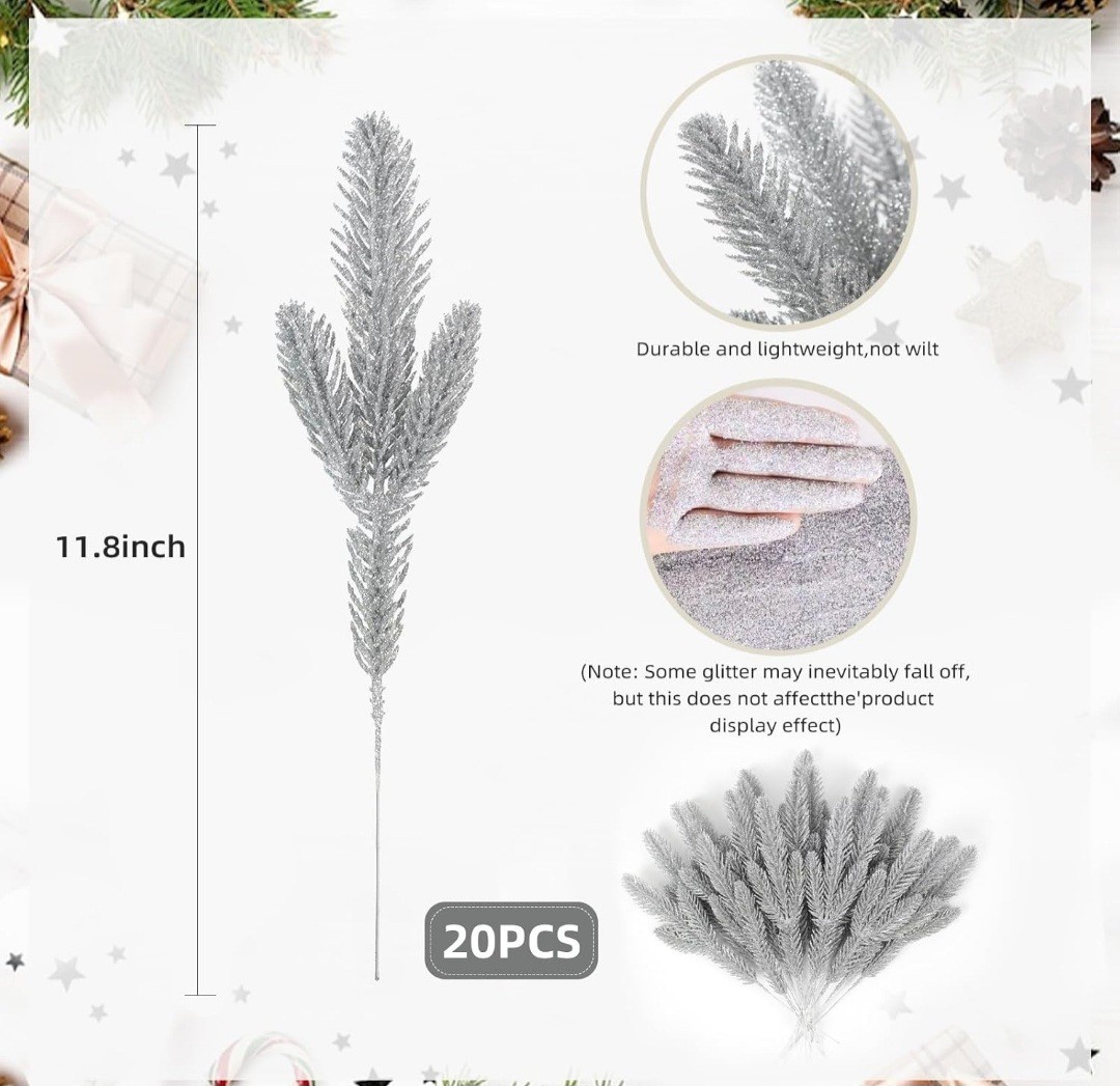 Recutms 20pcs Artificial Pine Needles Branches Christmas Glitter Twigs Pine…