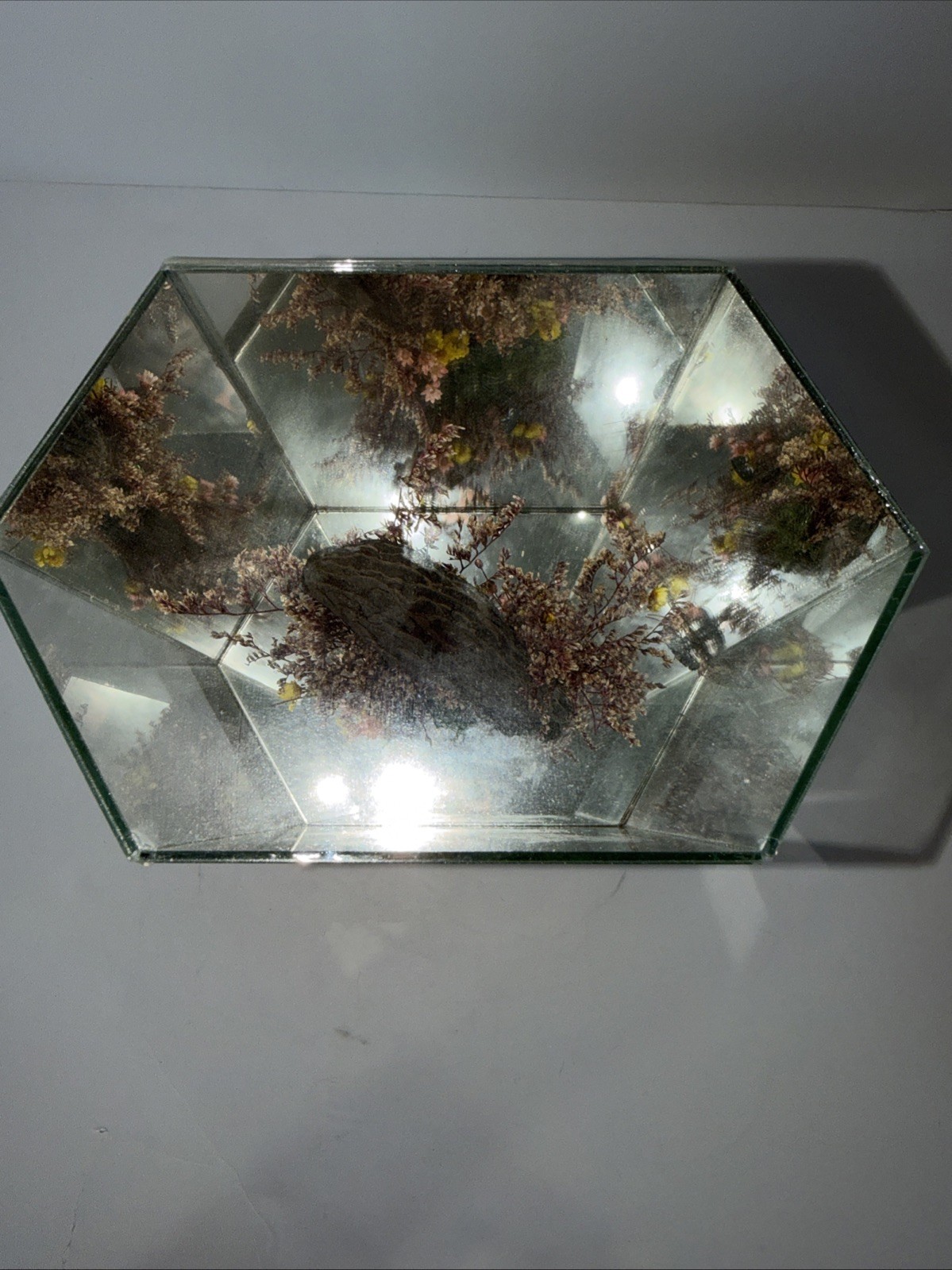 Vintage Artificial Flower And Tree Bark Glass Mirrored Music Box on Wood A Base.