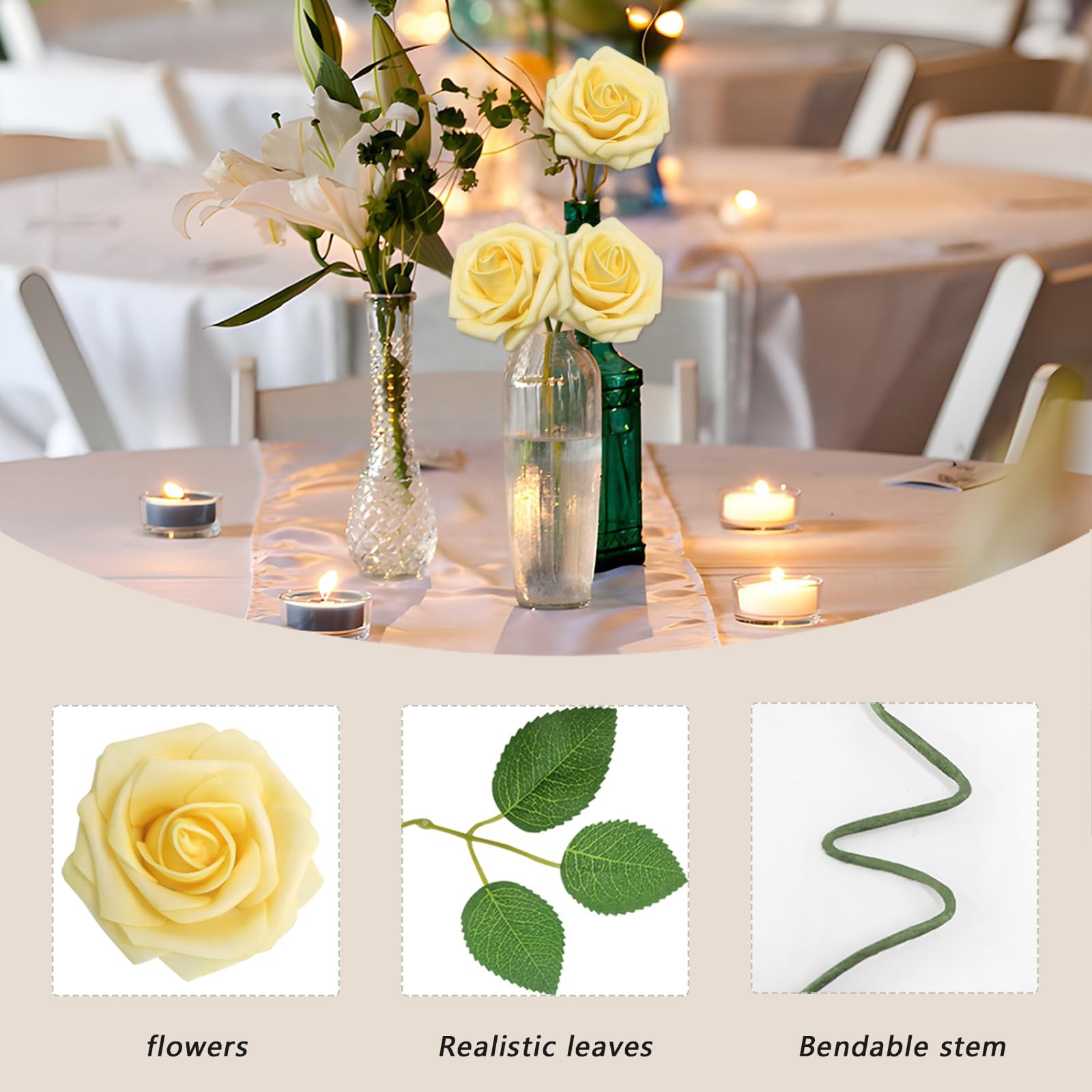 Creamy Yellow Foam Fake Roses Artificial Flowers Wedding Bridal 100 PCS