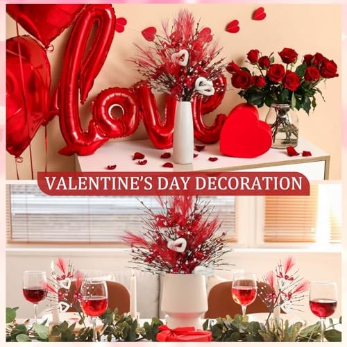 6 Pcs Valentine’s Day Heart Shaped Berry Feather Picks 19.7 Inch Artificial