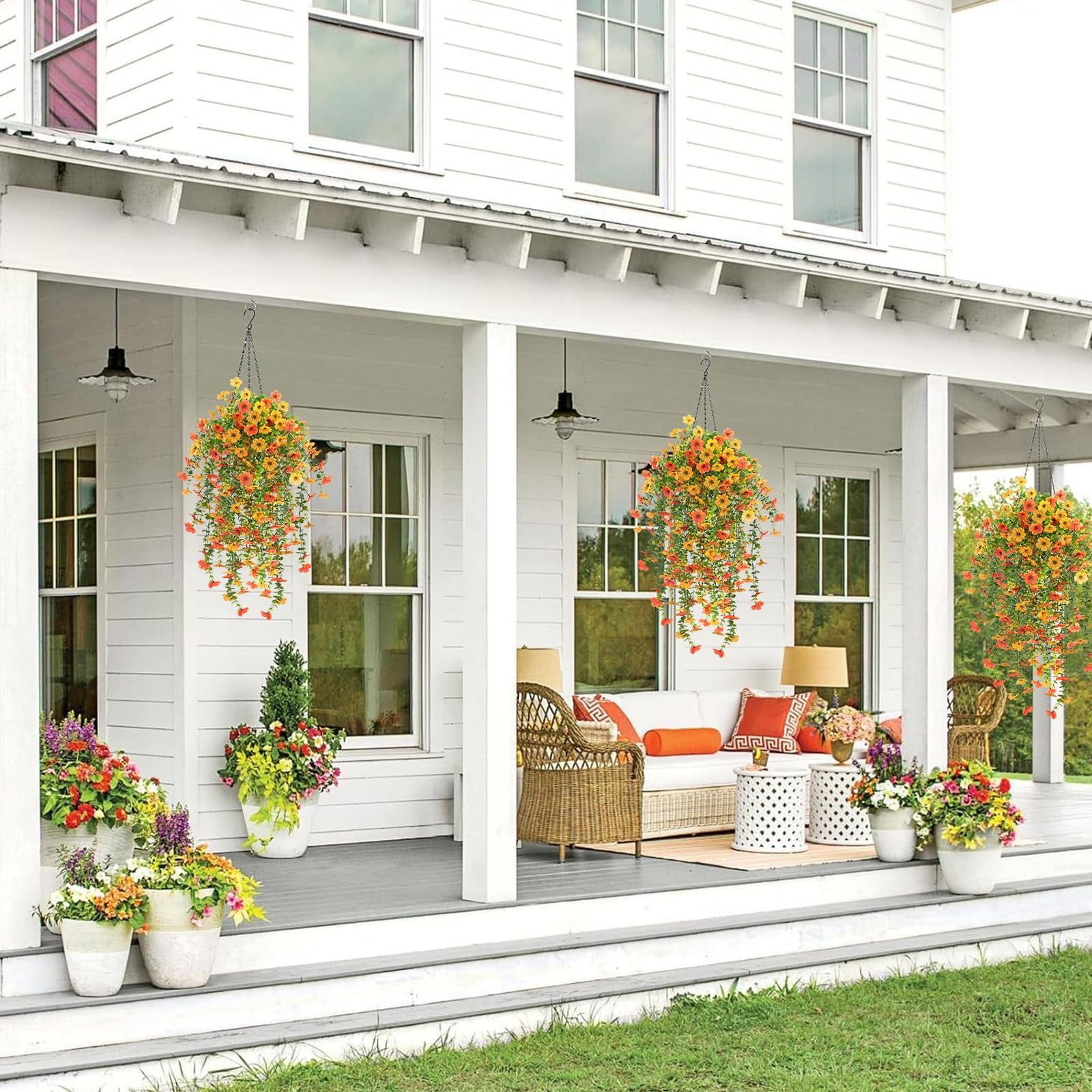 4 Pcs 30in Artificial Hanging Flowers for Outdoors in Pot, Orange