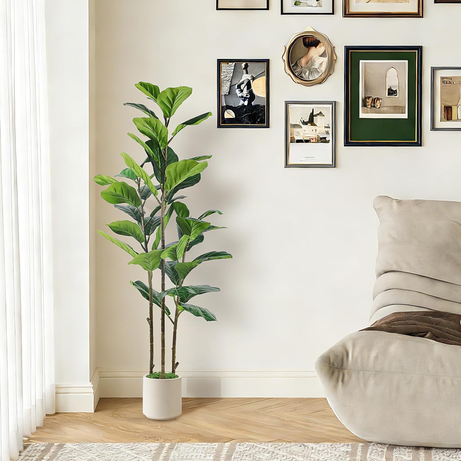 5FT Artificial Fiddle Leaf Fig Tree with White Planter Pot, 5 feet Tall Fake Tre