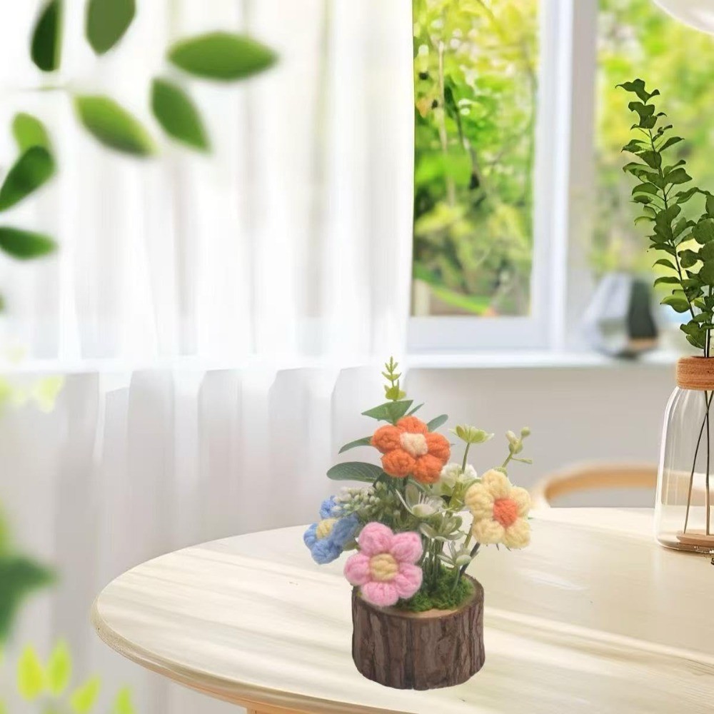 Handmade Crochet Knitted Puff Flowers Bouquet in Pot Mini Cute Home Desktop