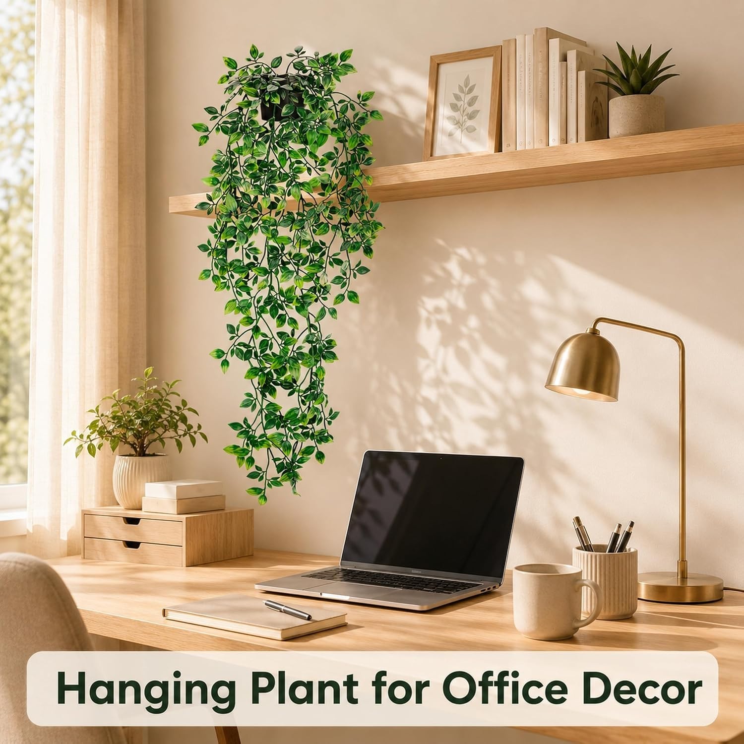 34” Fake Hanging Plant Black Pot for Bathroom Wall Decor | 34” cascading gr…