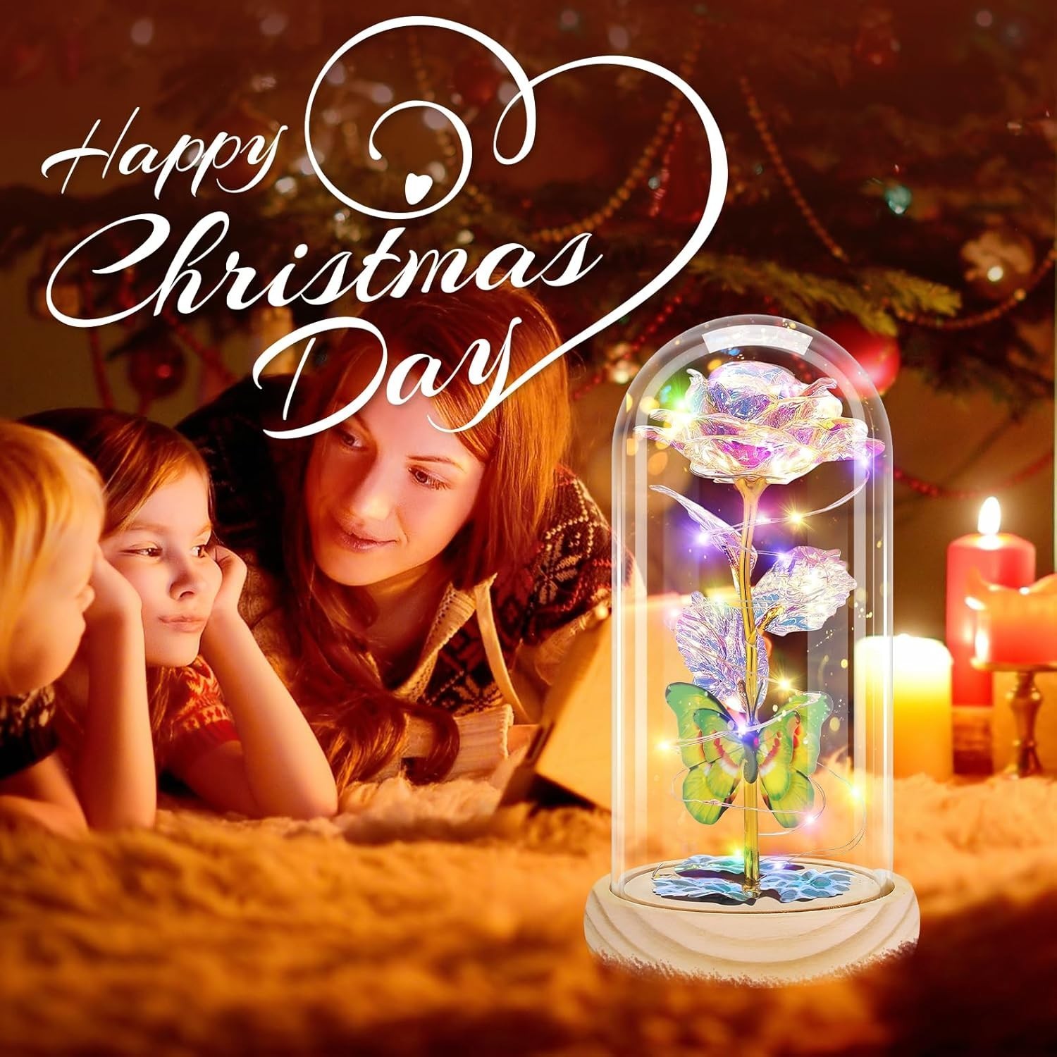 Preserved Rose Under Glass Dome with Butterfly and LED Lights – Home Decor