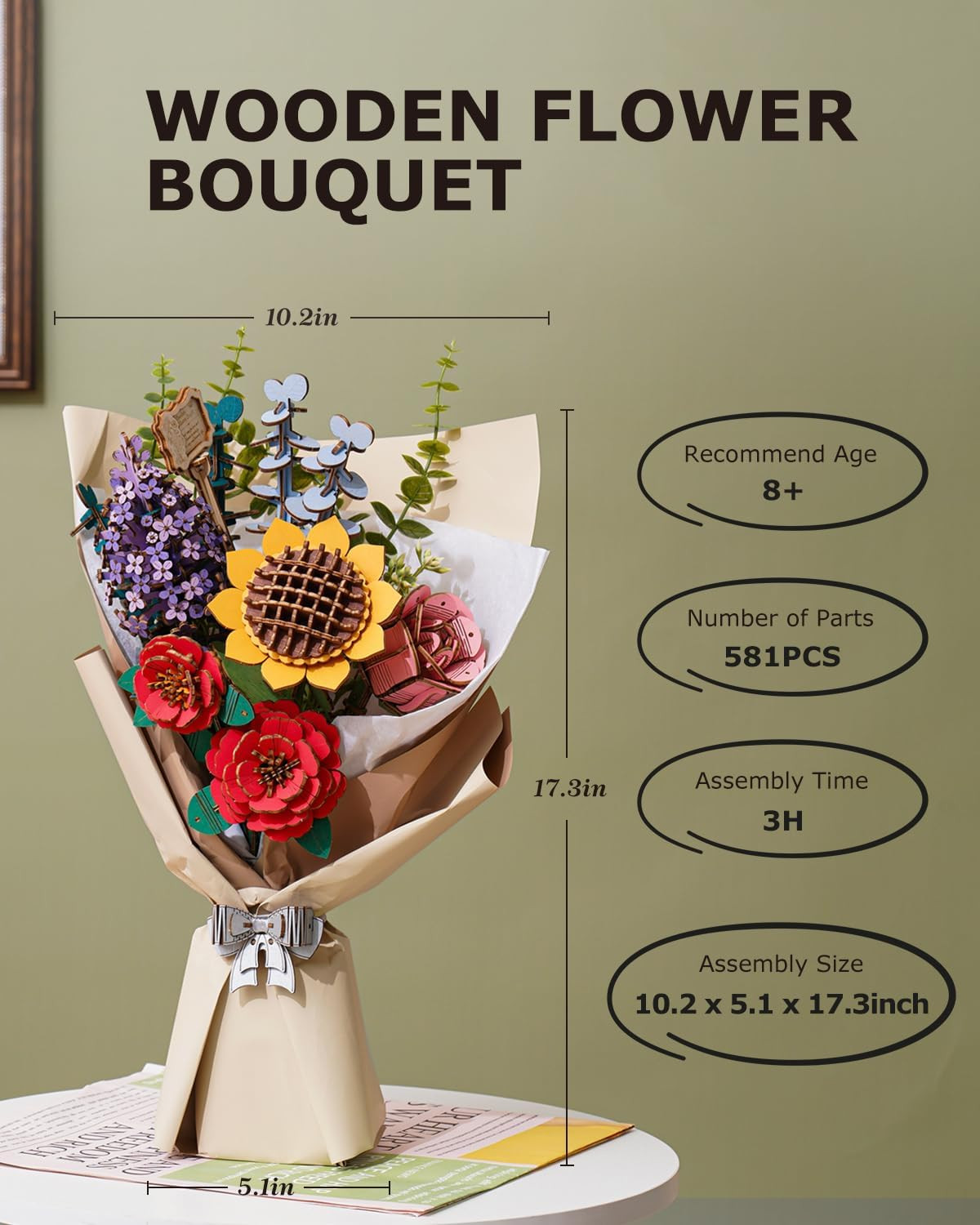 Forever Flowers Wooden Flower Bouquet Building Kit, Sunflower/Red Camellia/Pink