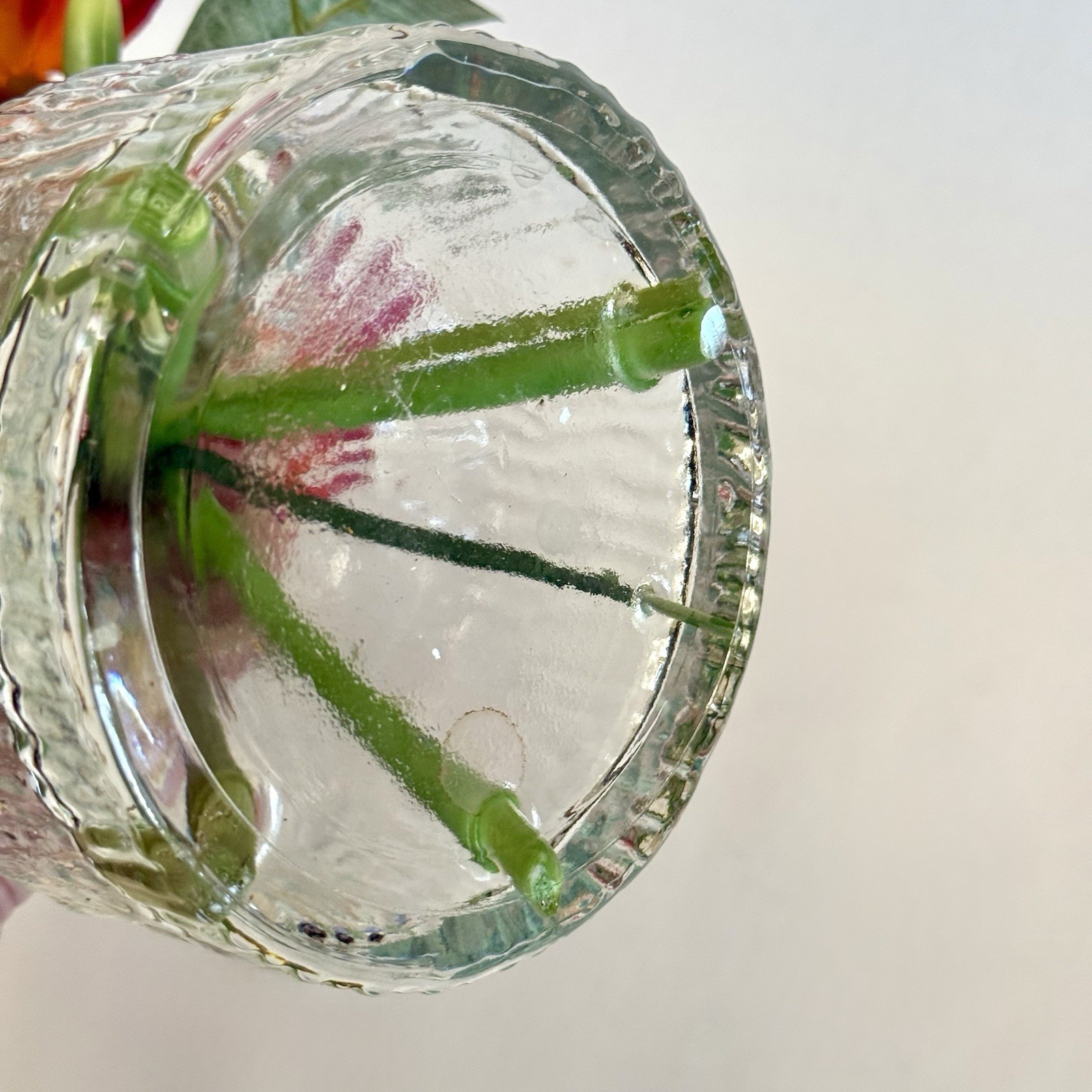 Artificial Tropical Flower Arrangement in Textured Glass Vase Pink Orange 10”