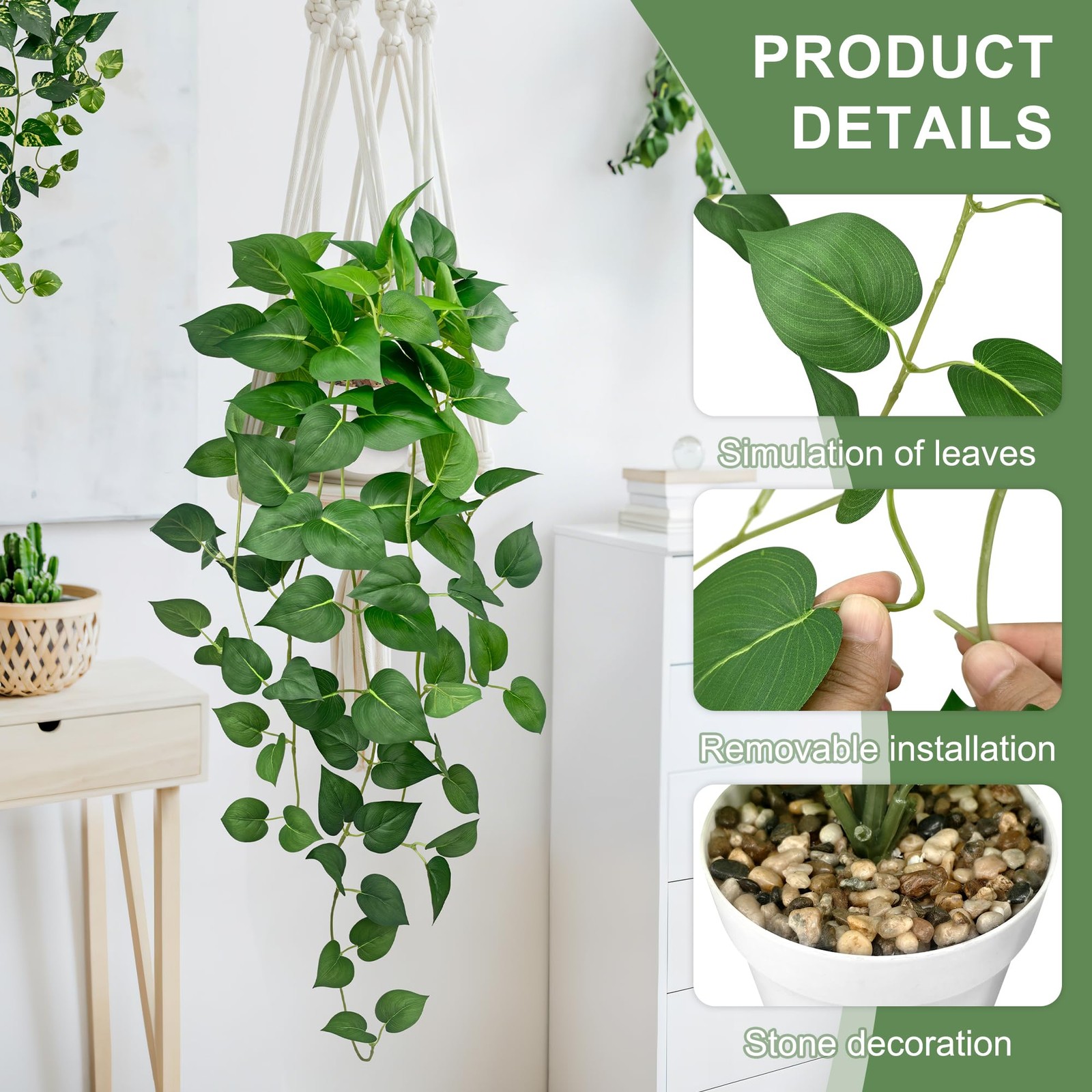Artificial Hanging Plants 23.6” Long with White Pots – 2 Pack Faux Pothos Decor