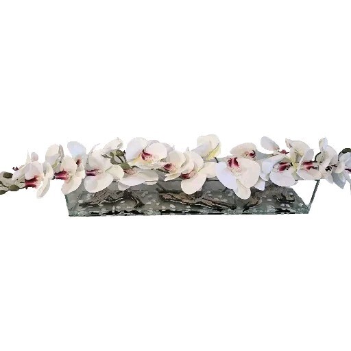 Floral Arrangement, Casa Moderna Glass Plate  W/ Faux White Orchids & Succulents