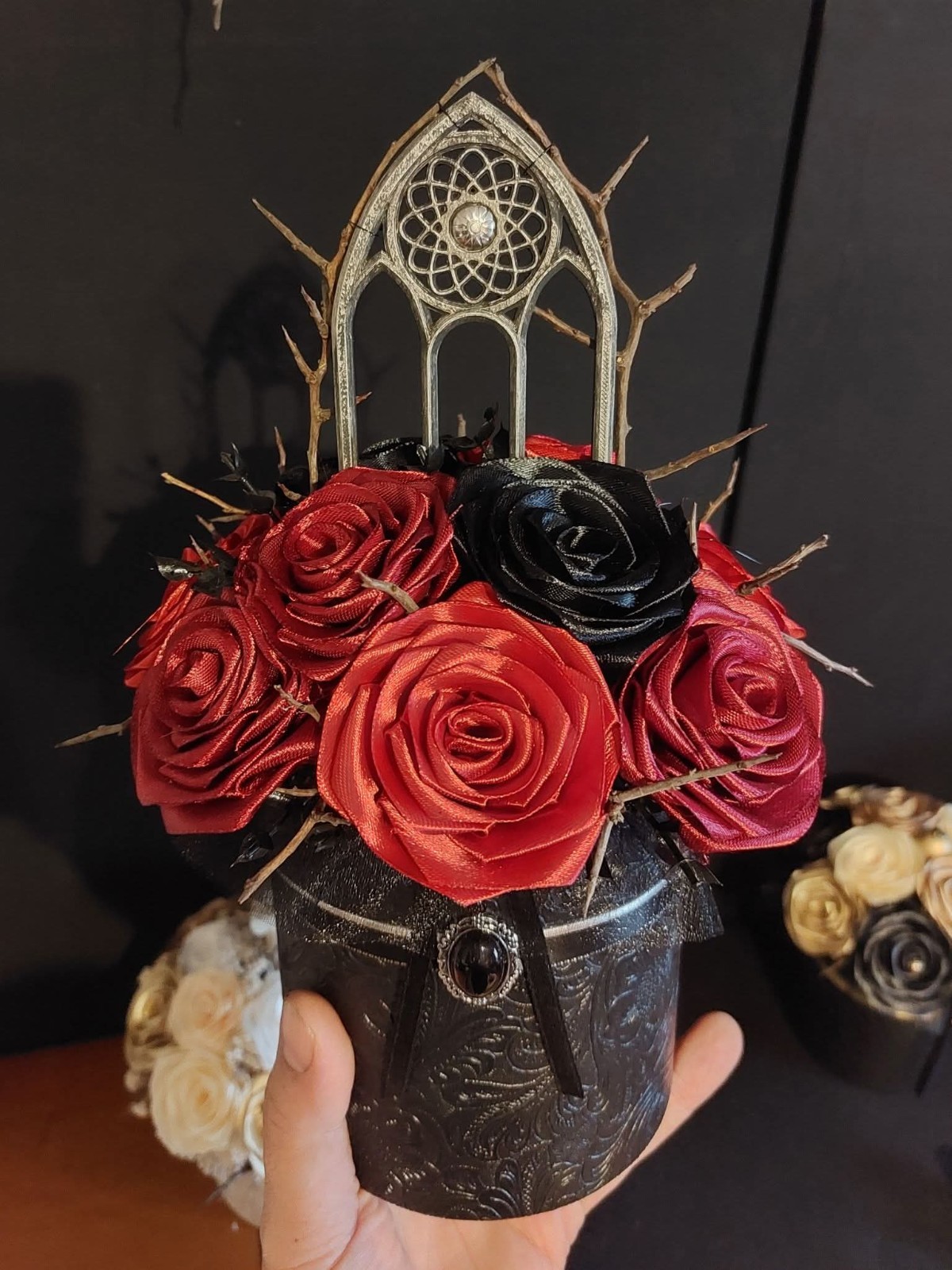 Gothic Flower Box,luxury,black & red satin flowers,handmade