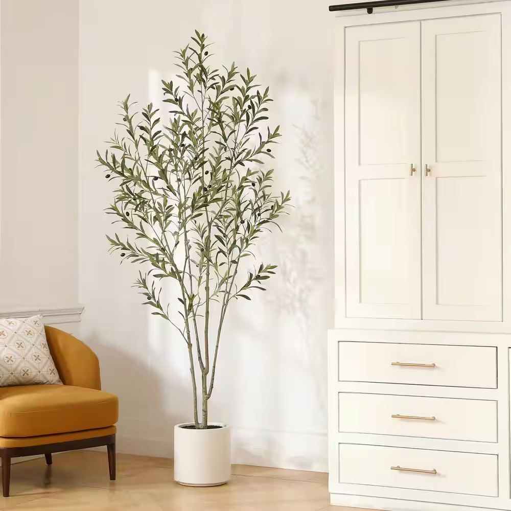 7 Ft. Artificial Olive Tree with White Planter, Large Faux Olive Silk Tree for I