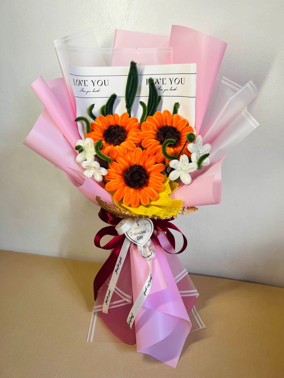 Pretty Sunflower and Daisy Fuzzy Wire Flower Bouquet, Pipe Cleaner Flower