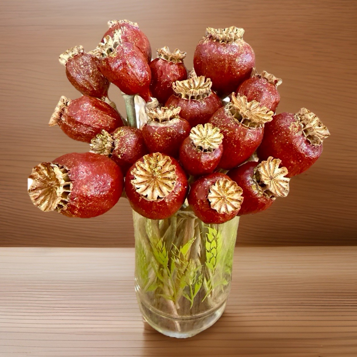 Dried Seed Pods Bouquet Floral Arrangement Centerpiece Decor with VTG GLASS 22