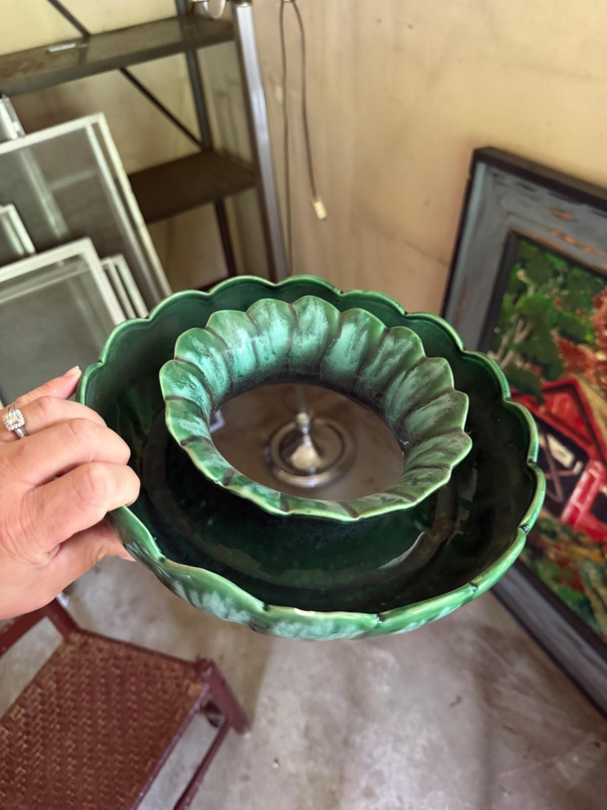 Vintage Green Drip Glaze Ceramic Flower Frog Floral Arranger Studio Pottery Ikeb
