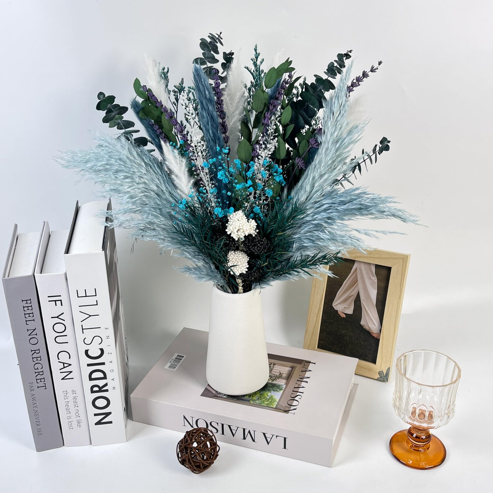Dried Flower Bouquet 17″ Teal Pampas Eucalyptus Lavender Boho Rustic Decor