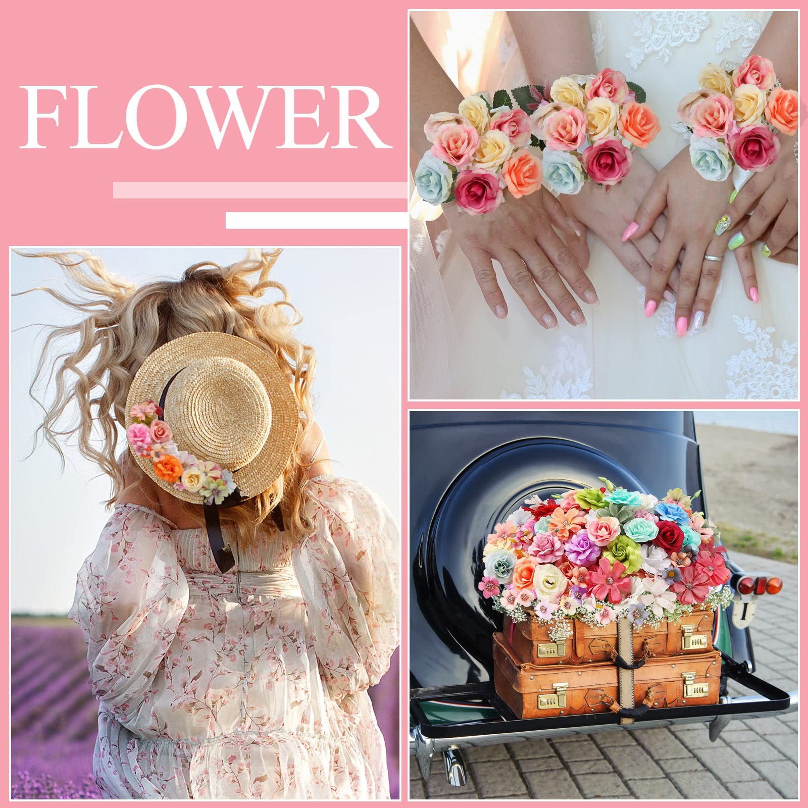 300 PCS Spring Assorted Small Fake Flower Heads Silk Daisy Rose Plum Craft
