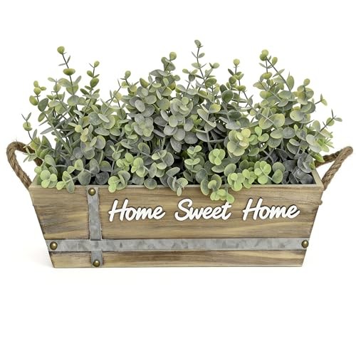 Artificial Table Centerpiece in Wooden Box, Faux Greenery Eucalyptus