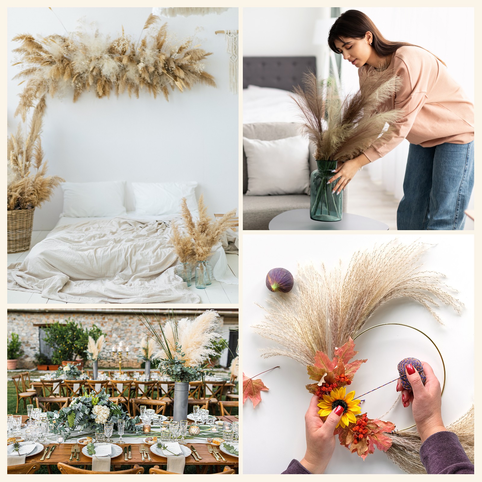 17.7in Pampas Grass Decor 30pcs Bulk Fluffy Faux Small Dried Pampas Grass Beige