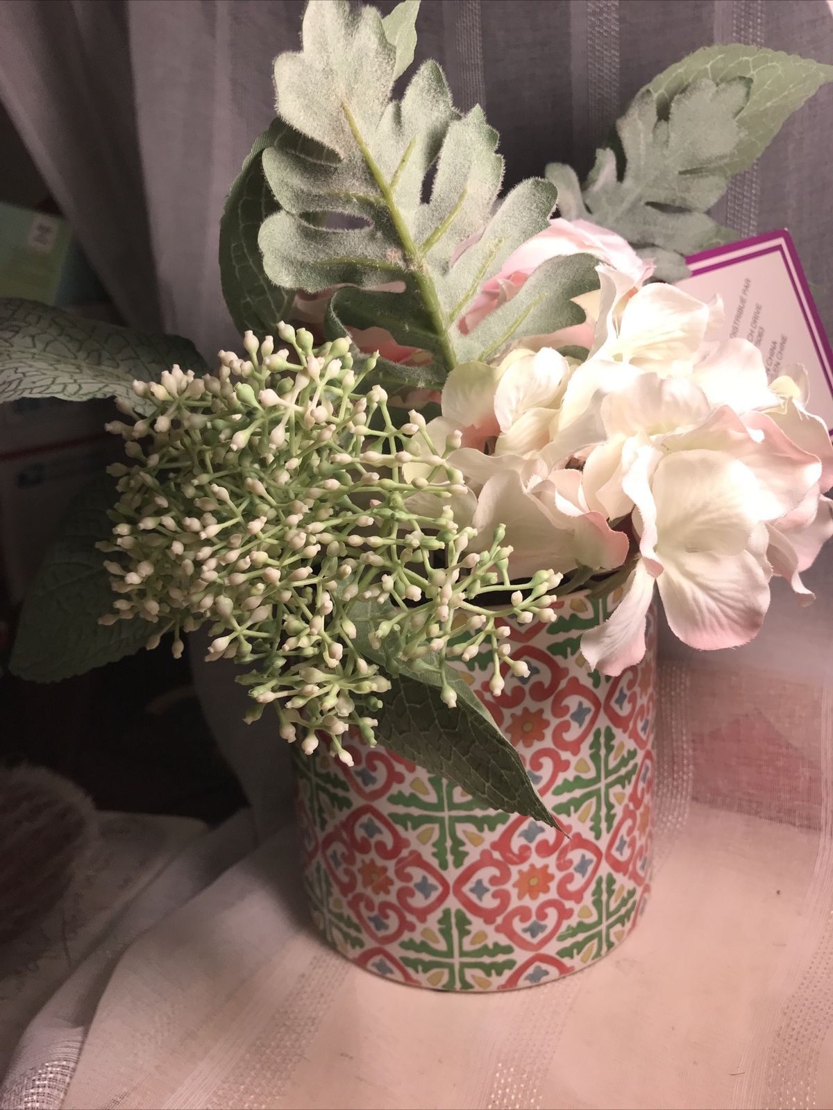 Faux Flower Centerpiece Ceramic Vase NWT Pink Cream Green Beautiful Floral Decor