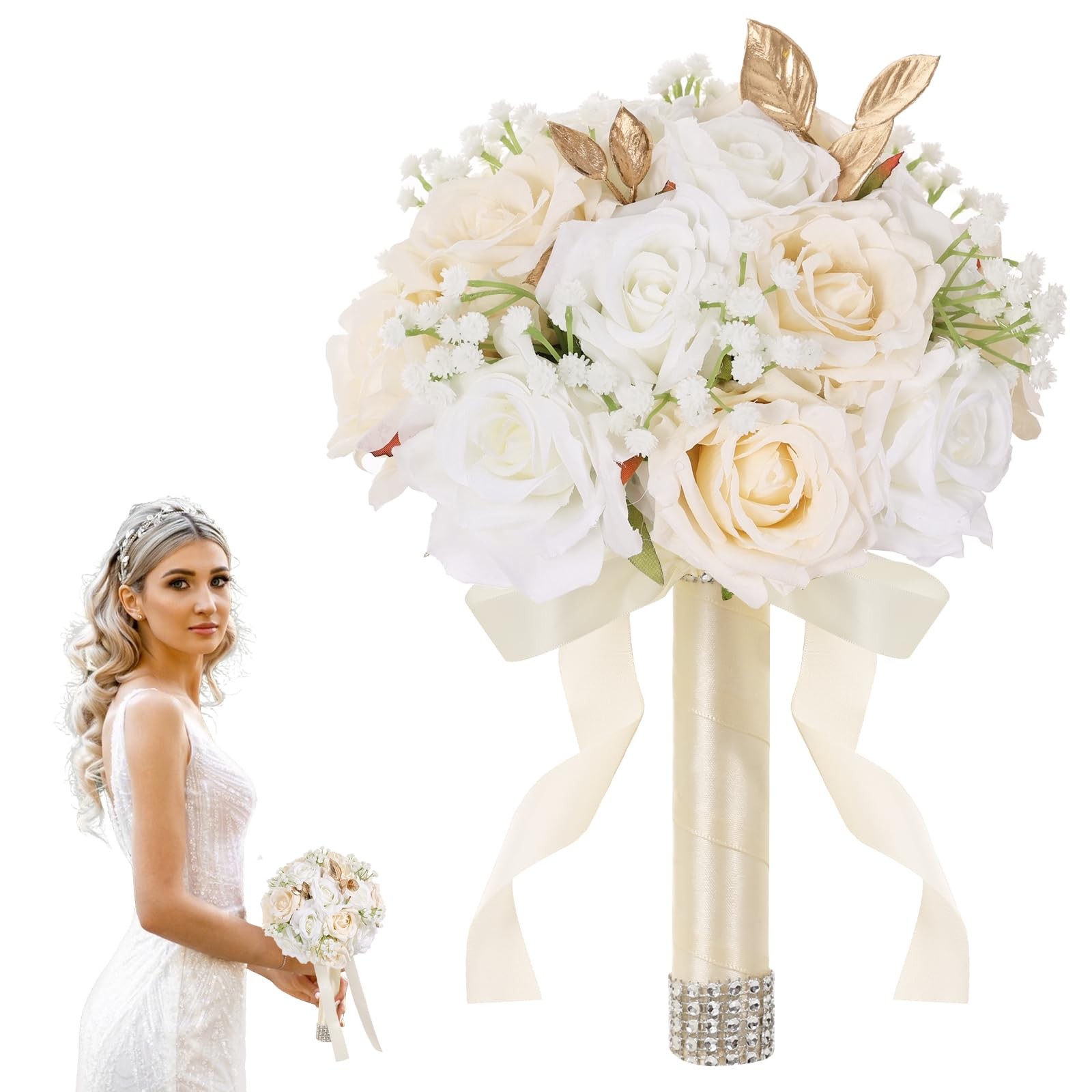 Wedding Bouquets for Bride – Realistic Silk Flowers Artificial Roses, 9 Inch …