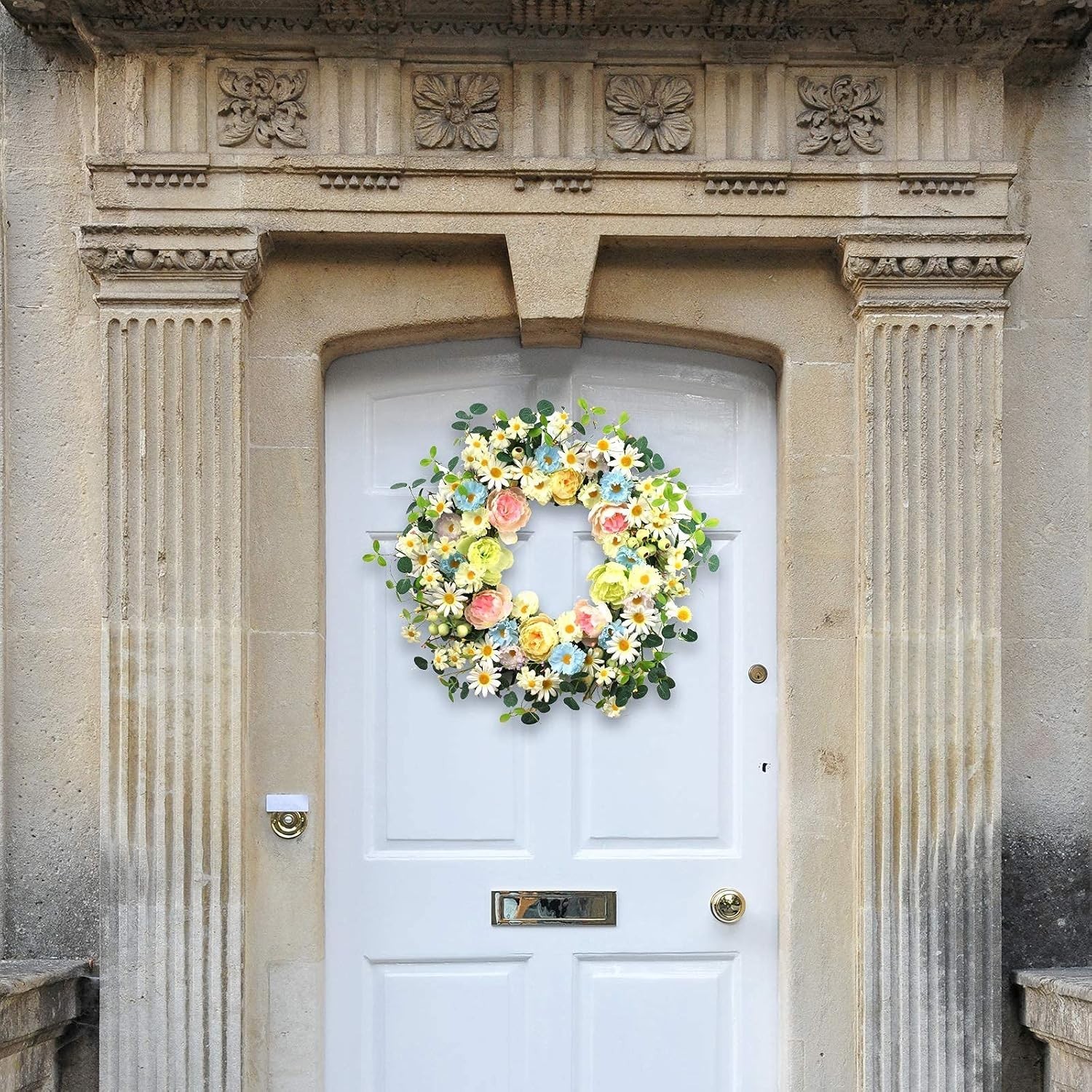 24″ Colorful Floral Wreath – Artificial Daisy & Rose for Spring/Summer Decor