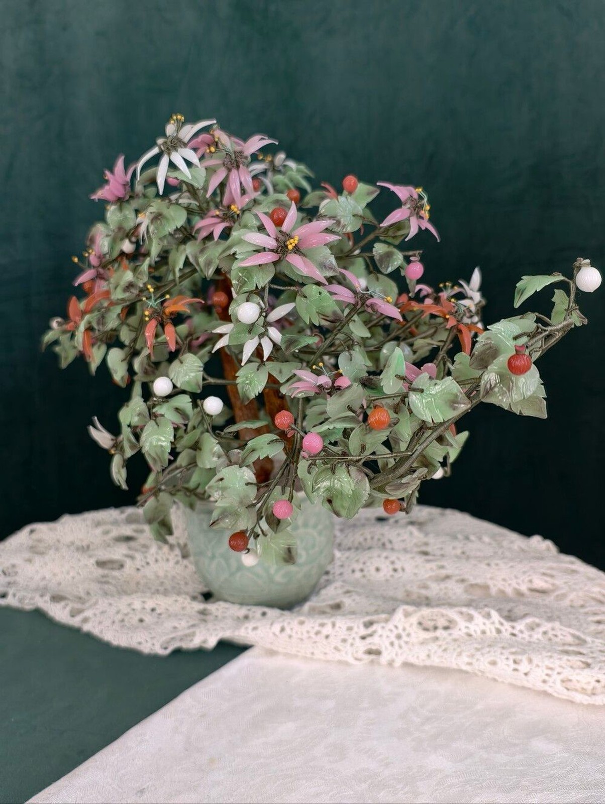 Vintage Large Jade Glass Bonsai Flower Tree in Celadon Vase