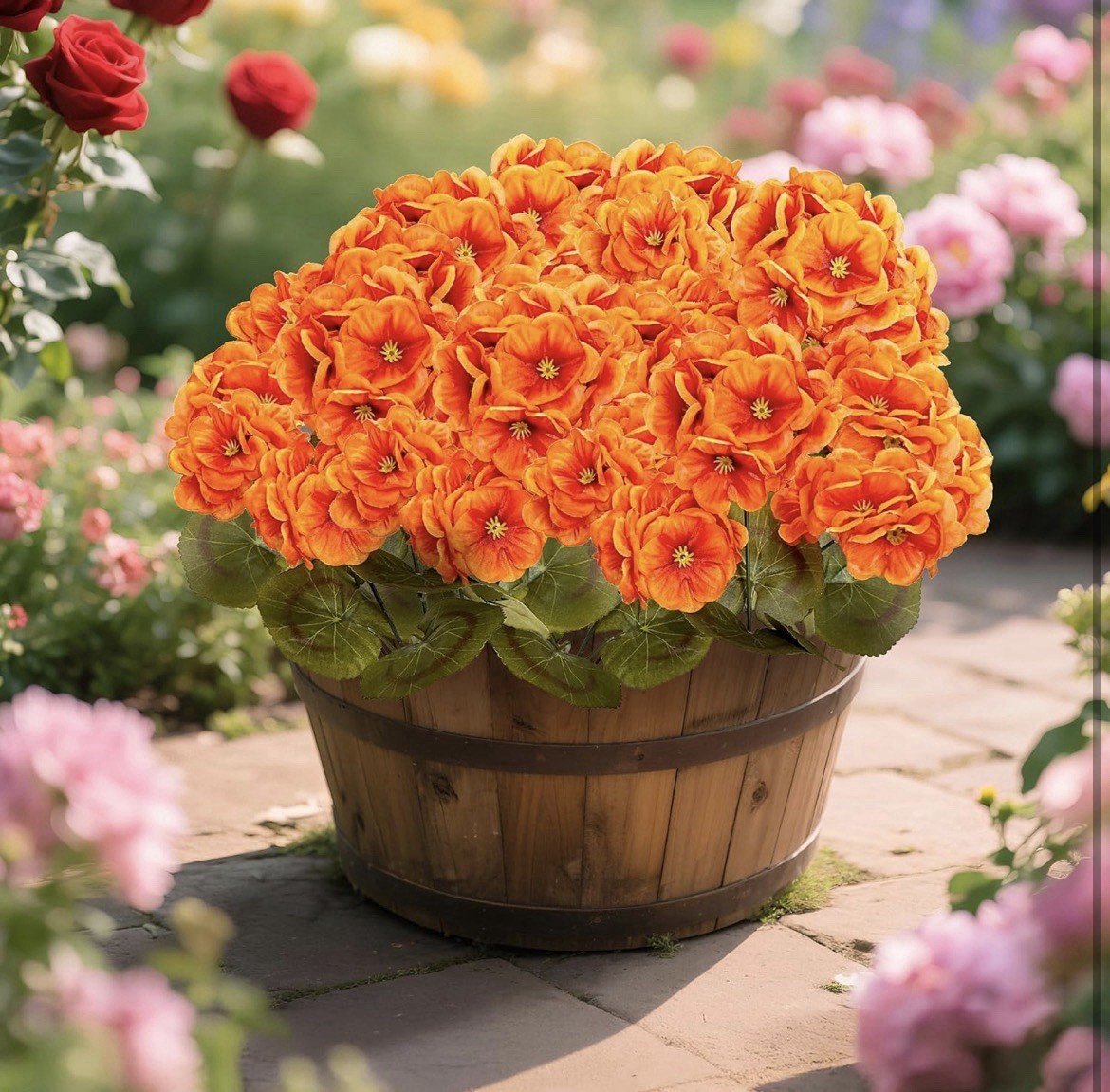 Artificial Fall Flowers Faux Geraniums Orange UV Resistant Outdoor (8 Bundles)