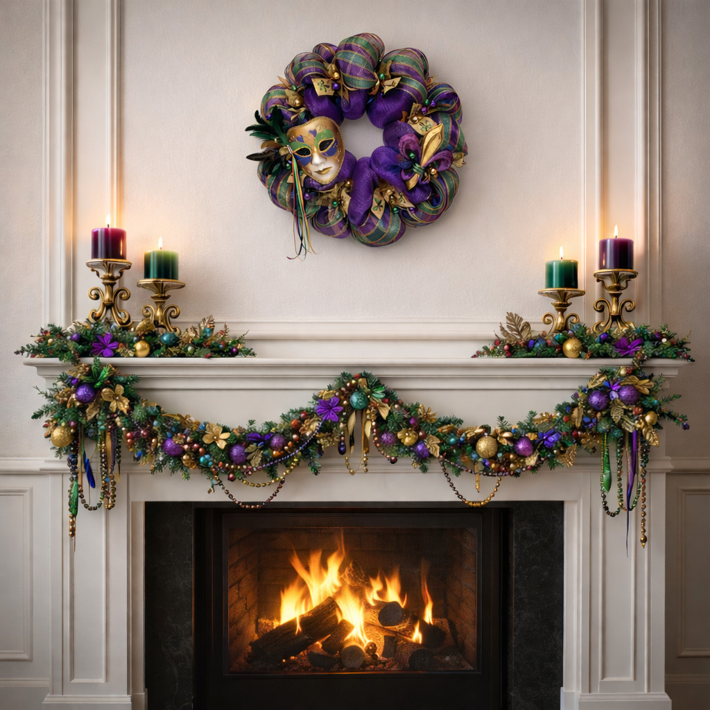 Mardi Gras Wreath Extra Large With Venetian Mask and Fleur De Lis Handmade Deco