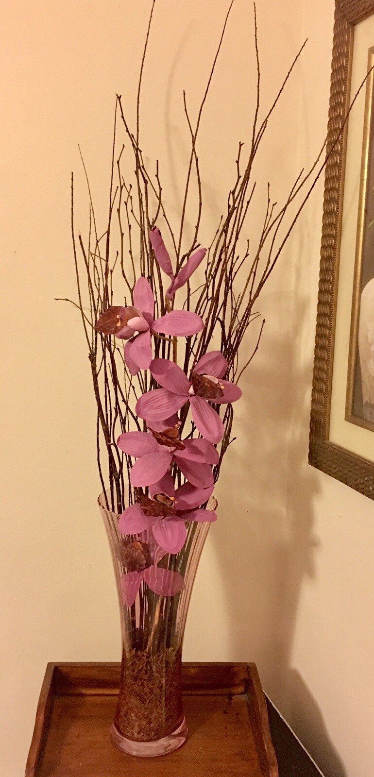Floral Arrangement Wedding Centerpiece Birch Branches Pink Glass Vase Handmade