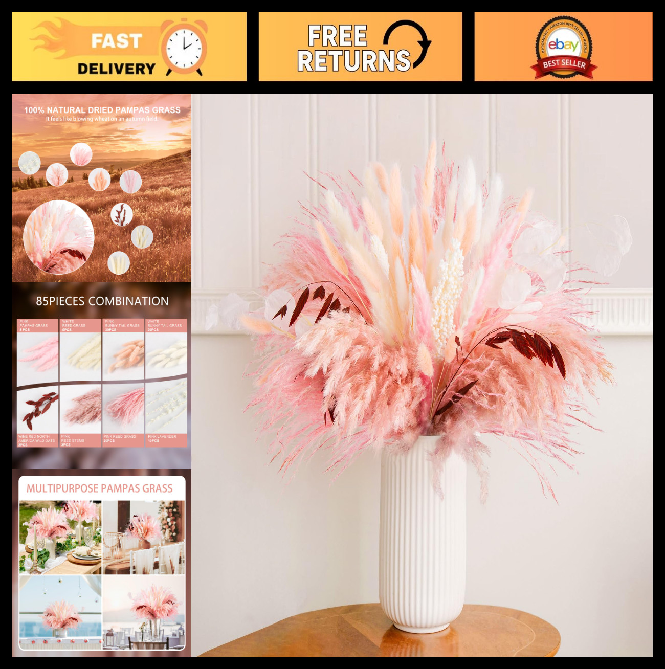 85Pcs Pink Pampas Grass – Natural Dried Floral Decor for Boho Home & Wedding