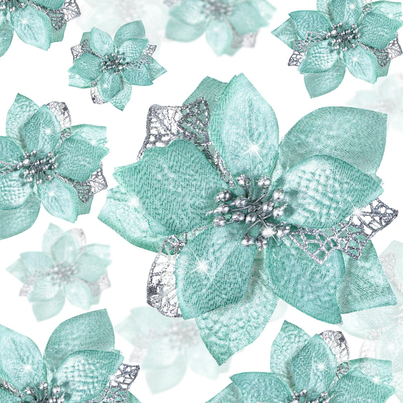 Mint Green Christmas Artificial Glitter Poinsettia Flowers 72 PCS 3 Sizes