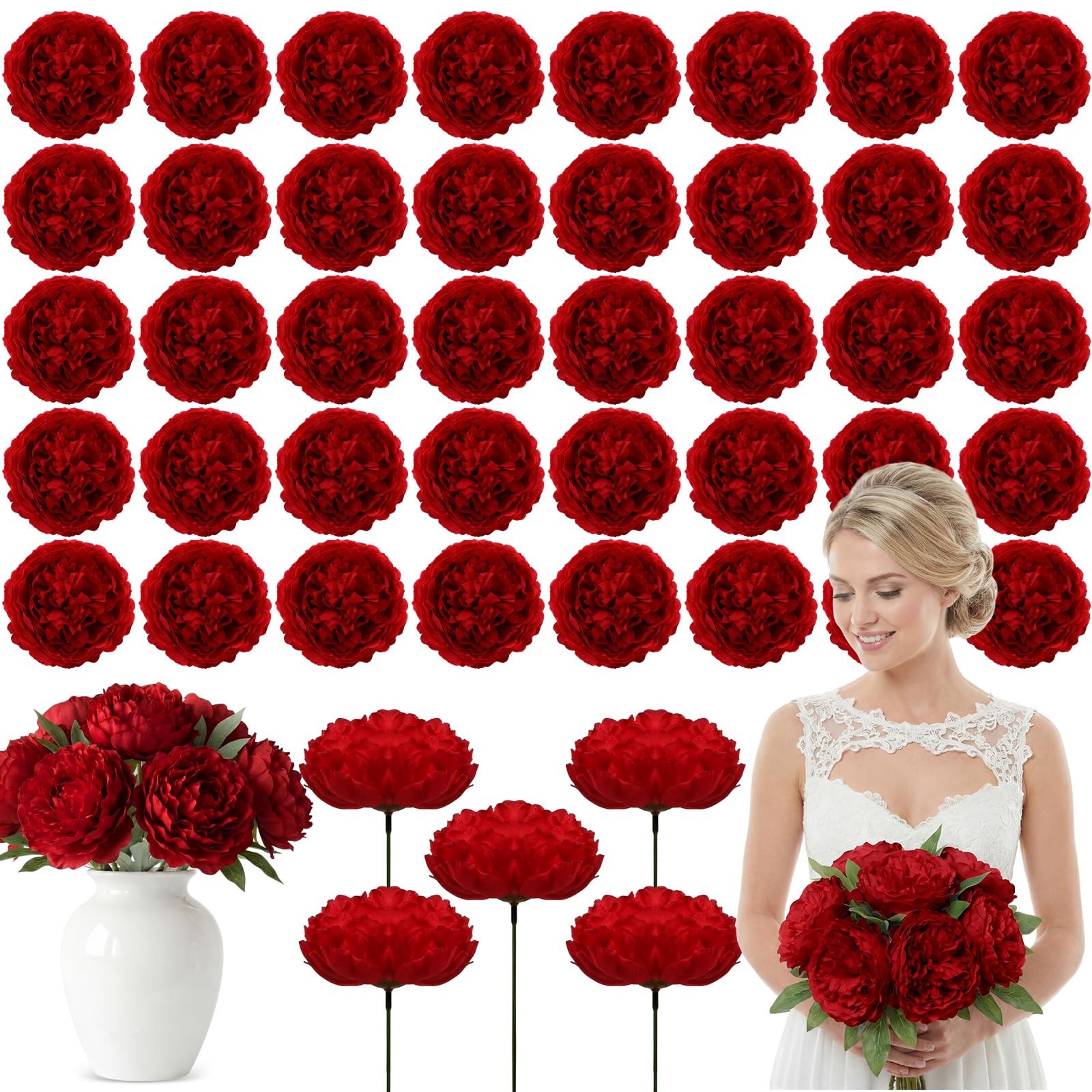 50 PCS Artificial Peony Rose Flowers Heads 4.7 Inch Silk Fake Bridal Red