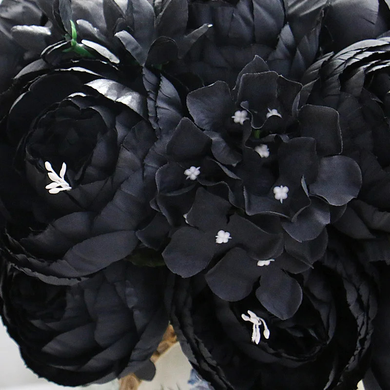 12-Head Black Peony Rose Hydrangea Artificial Bouquet DIY Wedding Decor Flowers