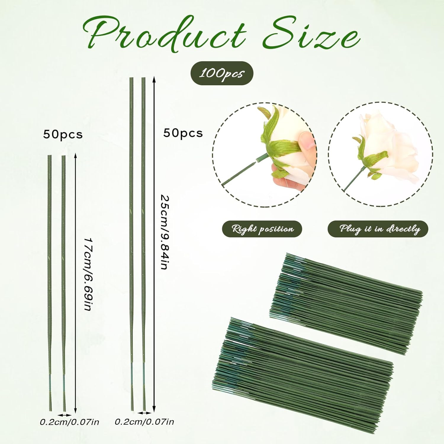 100 Pcs Green Flower Sticks 6.7Inch/10Inch Plastic Floral Stem Artificial Floral
