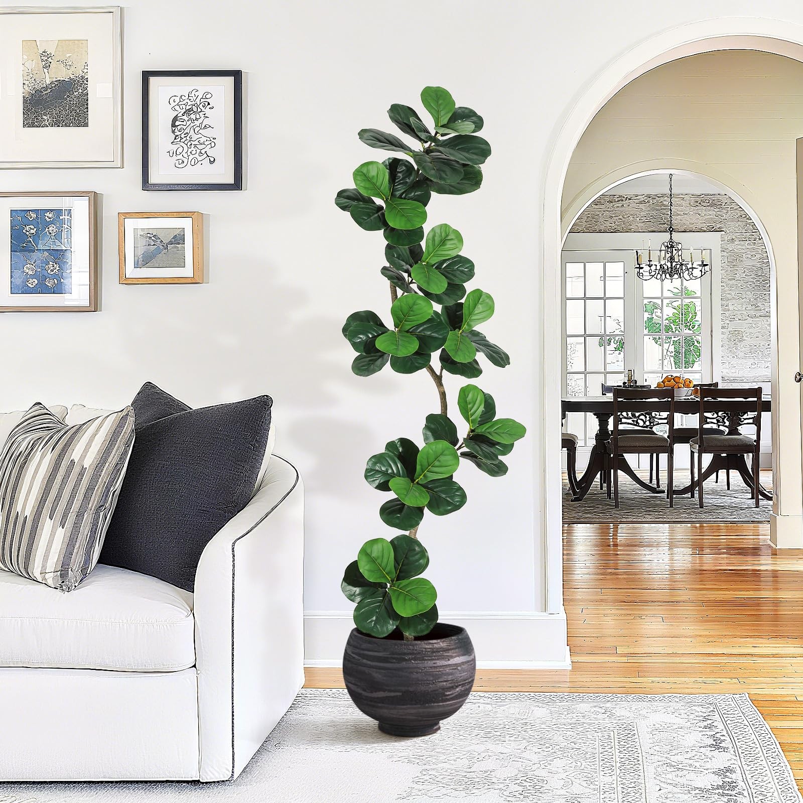 Fiddle Leaf Fig Artificial Tree with White Planter,7 ft Faux Plants Indoor wi…