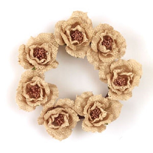 NEW Farmhouse Chic BURLAP ROSES FLOWER CANDLE RING Wreath 4″ Inside Weddings
