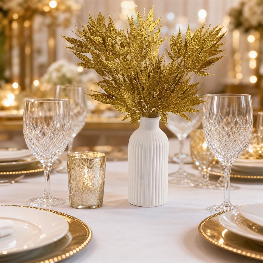 Artificial Gold Glitter Leaf Stems, Simulated Decorative Picks, 13 Inch, 12 Pack
