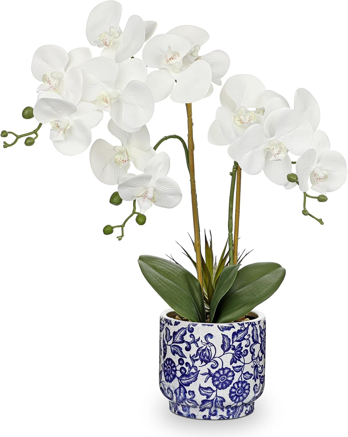White Orchid Silk Arrangement in Blue and White Ceramic Pot for Home Decor