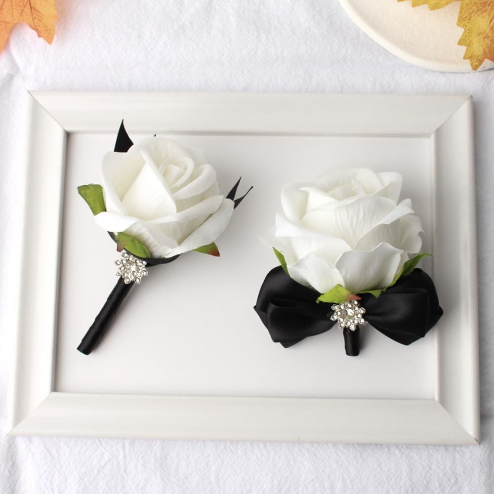2 PCS Black White Wrist Corsage Rose Boutonniere Set Bride Groom Prom Wedding