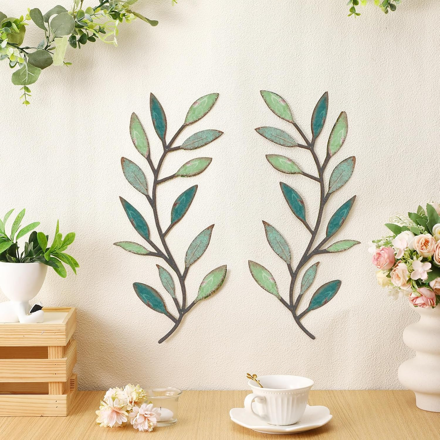 2 Pieces Metal Tree Leaf Wall Decor Vine Olive Branch Leaf Wall Art Living Room,