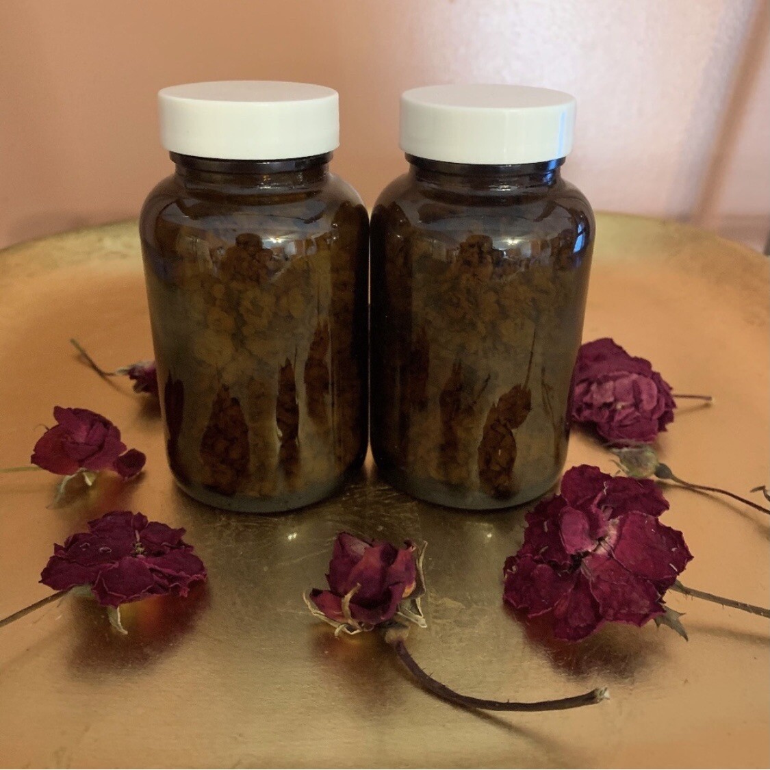 Handmade Floral Decor Centerpiece Amber Glass Bottle Dried Flowers Cottagecore